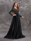 Giffniseti Women's Beaded & Hot Drilling Splice Round Neckline Long Sleeve Party Evening Dress-SSN290