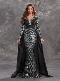 Giffniseti Women's Party Dress With Sparkly Spider Web Pattern, Long Sleeve V Neck With Detachable Cape-SST2115