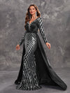 Giffniseti Women's Party Dress With Sparkly Spider Web Pattern, Long Sleeve V Neck With Detachable Cape-SST2115