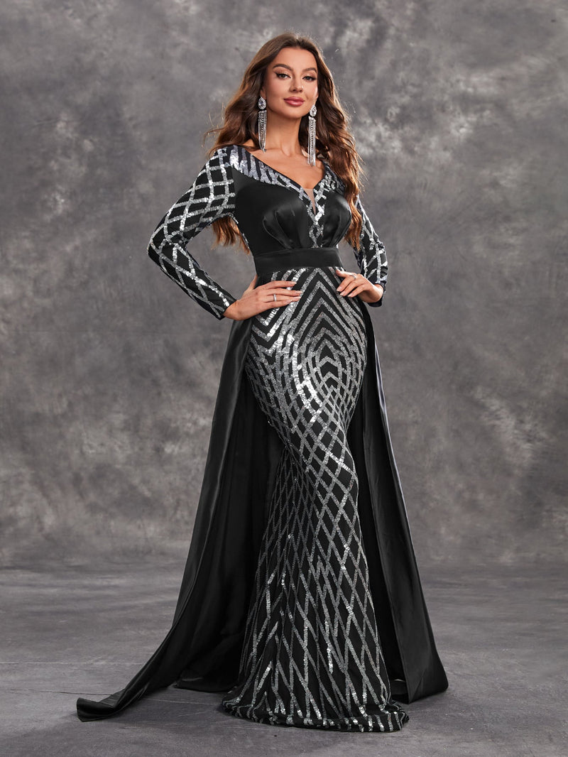 Giffniseti Women's Party Dress With Sparkly Spider Web Pattern, Long Sleeve V Neck With Detachable Cape-SST2115