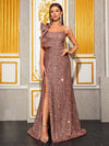 Giffniseti Asymmetrical Neck Split Thigh Sequin Formal Dress-SST2106