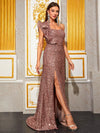 Giffniseti Asymmetrical Neck Split Thigh Sequin Formal Dress-SST2106