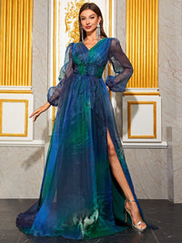 Giffniseti Lantern Sleeve Split Thigh Glitter Prom Dress-SSN272