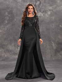 Giffniseti Women's Sexy Black Evening Dress With Shiny Sequins, Long Sleeves And Round Neck-SSW5205