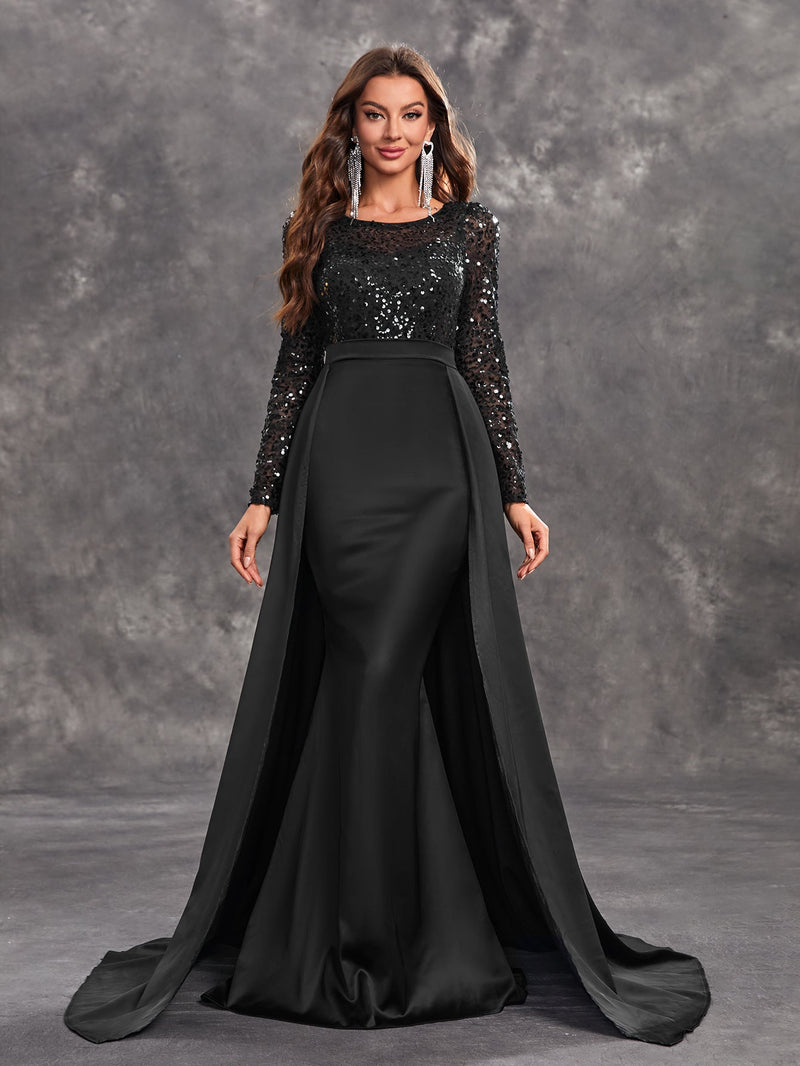 Giffniseti Women's Sexy Black Evening Dress With Shiny Sequins, Long Sleeves And Round Neck-SSW5205