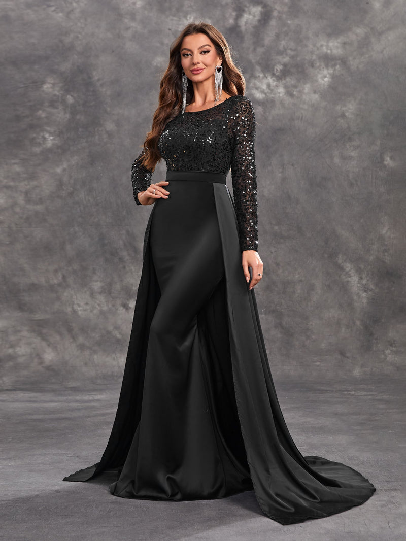 Giffniseti Women's Sexy Black Evening Dress With Shiny Sequins, Long Sleeves And Round Neck-SSW5205