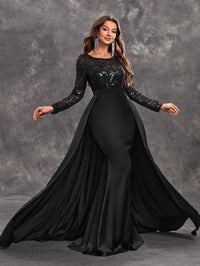 Giffniseti Women's Sexy Black Evening Dress With Shiny Sequins, Long Sleeves And Round Neck-SSW5205