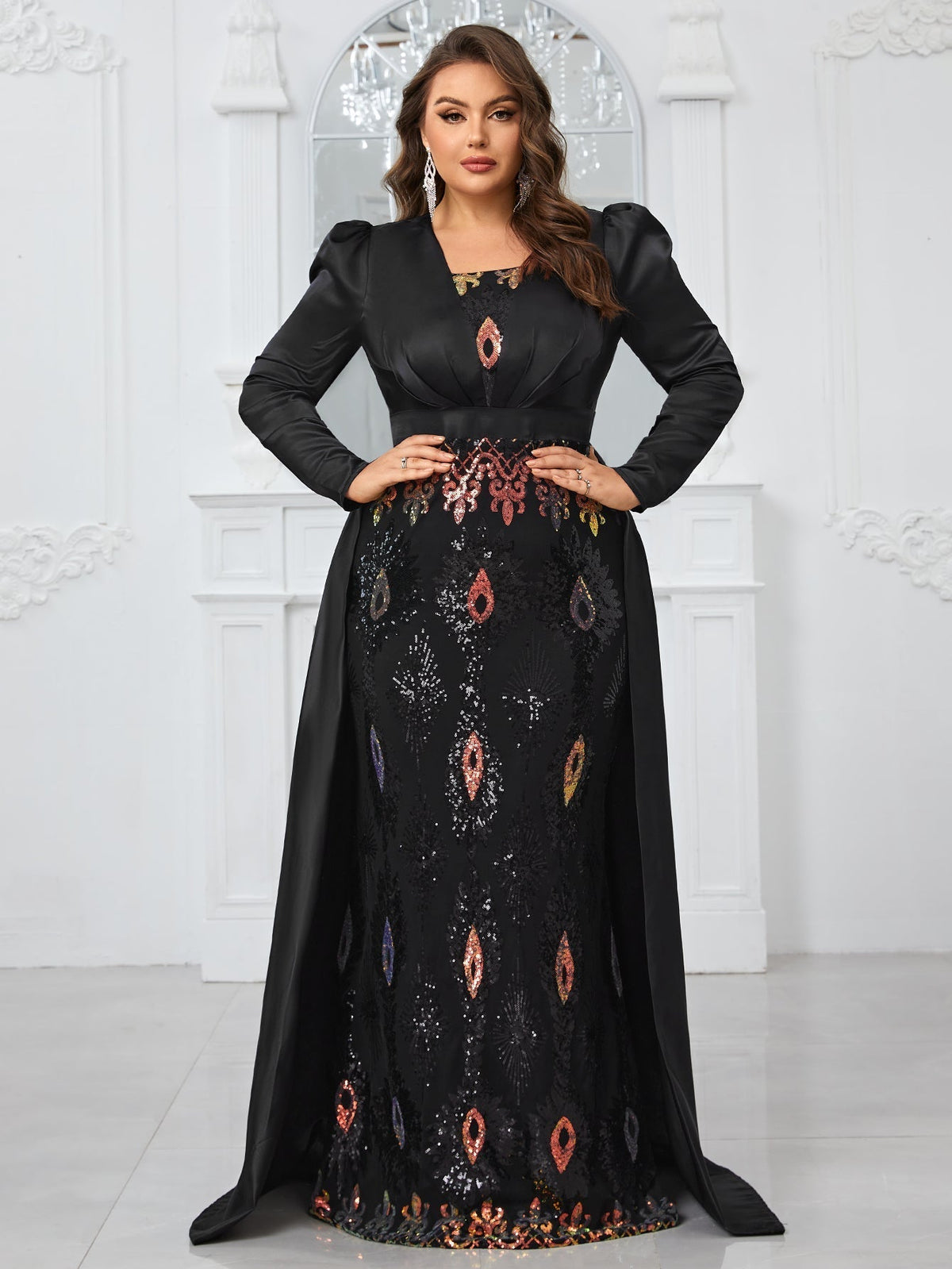 Giffniseti Plus Size Glitter Panel Mermaid Evening Party Dress With Long Sleeves-FMGT806