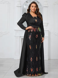 Giffniseti Plus Size Glitter Panel Mermaid Evening Party Dress With Long Sleeves-FMGT806