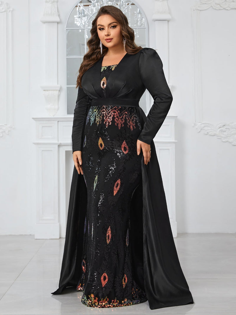 Giffniseti Plus Size Glitter Panel Mermaid Evening Party Dress With Long Sleeves-FMGT806