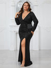 Giffniseti Plus Size Sequined Deep V-Neck Long Sleeve Slit Party Evening Dress-FMGN1105