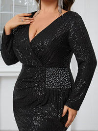 Giffniseti Plus Size Sequined Deep V-Neck Long Sleeve Slit Party Evening Dress-FMGN1105