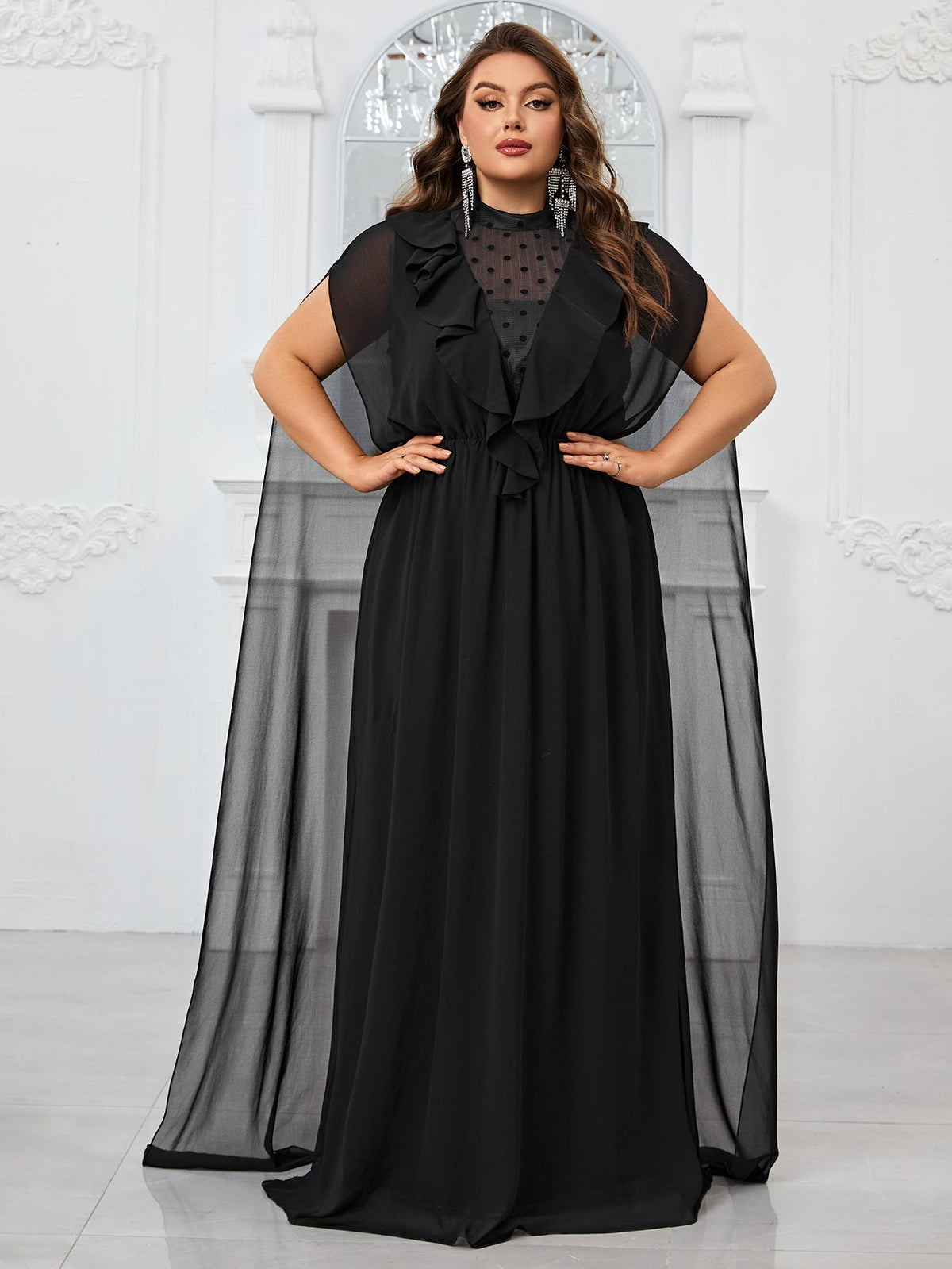 Giffniseti Plus Size Women'S Ruffle Hem & Cape Decoration Evening Gown Dress-FGLN20108