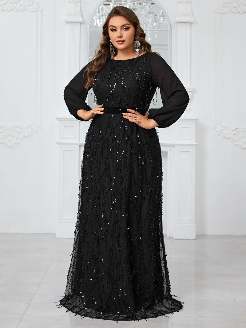 Giffniseti Women's Plus Size Sparkly Lantern Sleeve Round Neck Party Evening Dress For Dancing Party-FMGW1077