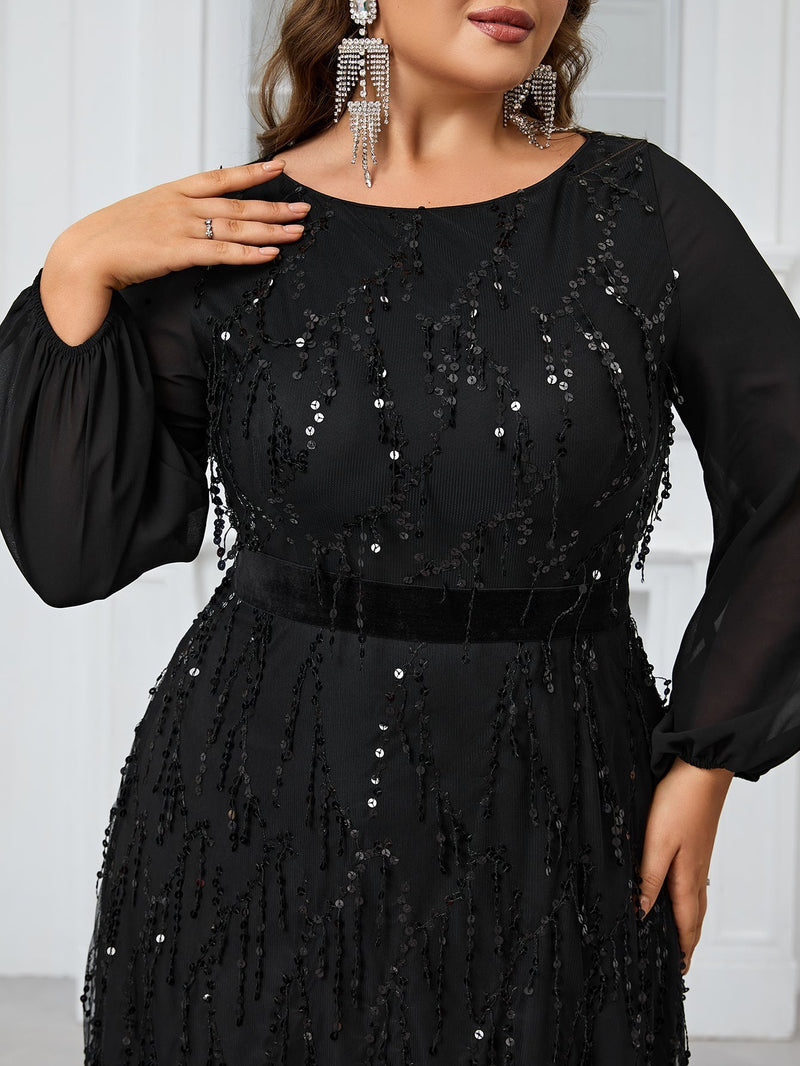 Giffniseti Women's Plus Size Sparkly Lantern Sleeve Round Neck Party Evening Dress For Dancing Party-FMGW1077