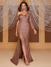 Giffniseti Asymmetrical Neck Split Thigh Sequin Formal Dress-MGT894