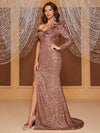 Giffniseti Asymmetrical Neck Split Thigh Sequin Formal Dress-MGT894