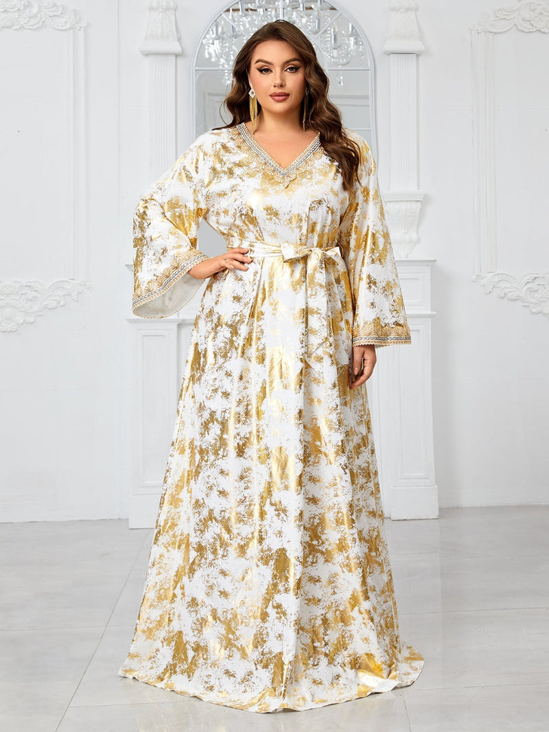 Giffniseti Large Plus Size Party Evening Dress With V-Neck, Embroidery And Lace Details, Long Sleeve, Including Waistband-FGLT20120