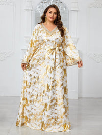 Giffniseti Large Plus Size Party Evening Dress With V-Neck, Embroidery And Lace Details, Long Sleeve, Including Waistband-FGLT20120