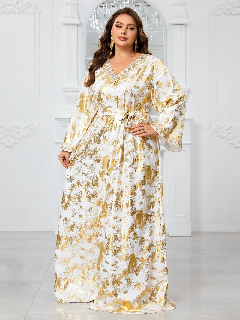 Giffniseti Large Plus Size Party Evening Dress With V-Neck, Embroidery And Lace Details, Long Sleeve, Including Waistband-FGLT20120