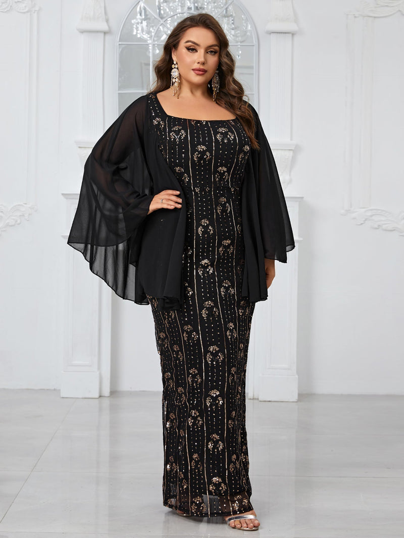 Giffniseti Plus Size Printed Square Neck Cape Sleeve Party Evening Dress For Prom-FPS472