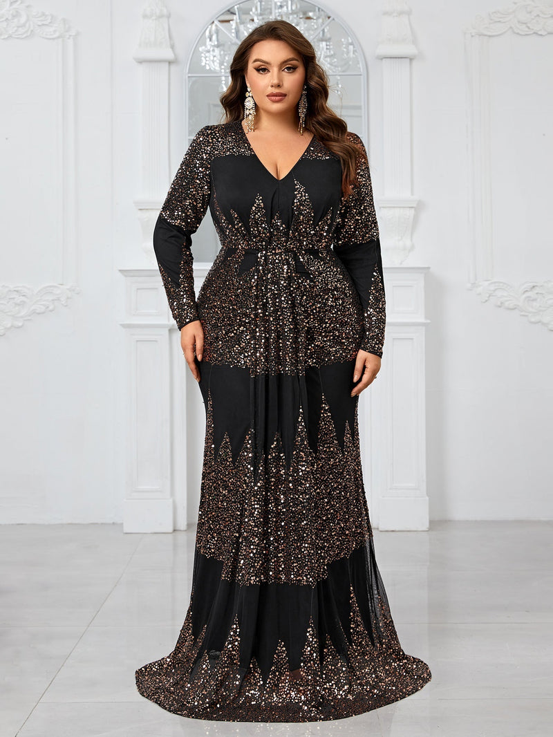 Giffniseti Plus Size Random Glitter Patterned Long Sleeve Evening Party Maxi Dress-FSSX9038