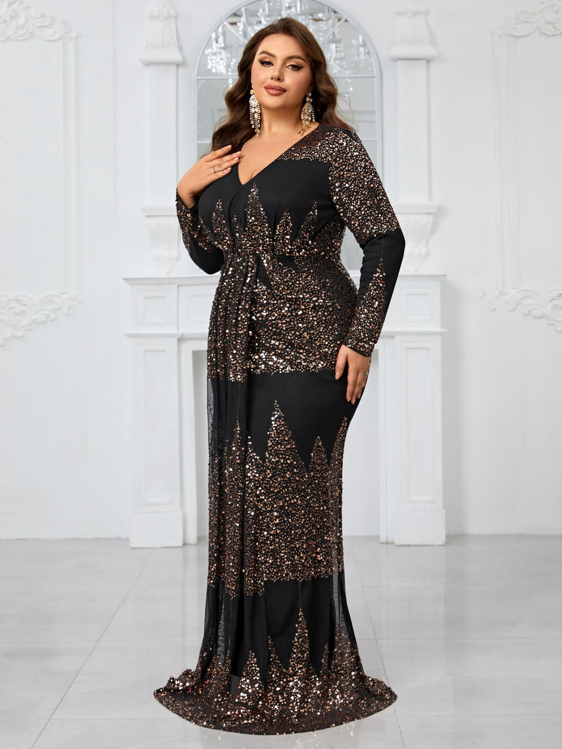 Giffniseti Plus Size Random Glitter Patterned Long Sleeve Evening Party Maxi Dress-FSSX9038