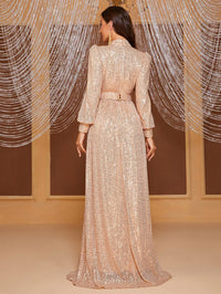 Giffniseti Mock Neck Lantern Sleeve Sequin Formal Dress-MGT819