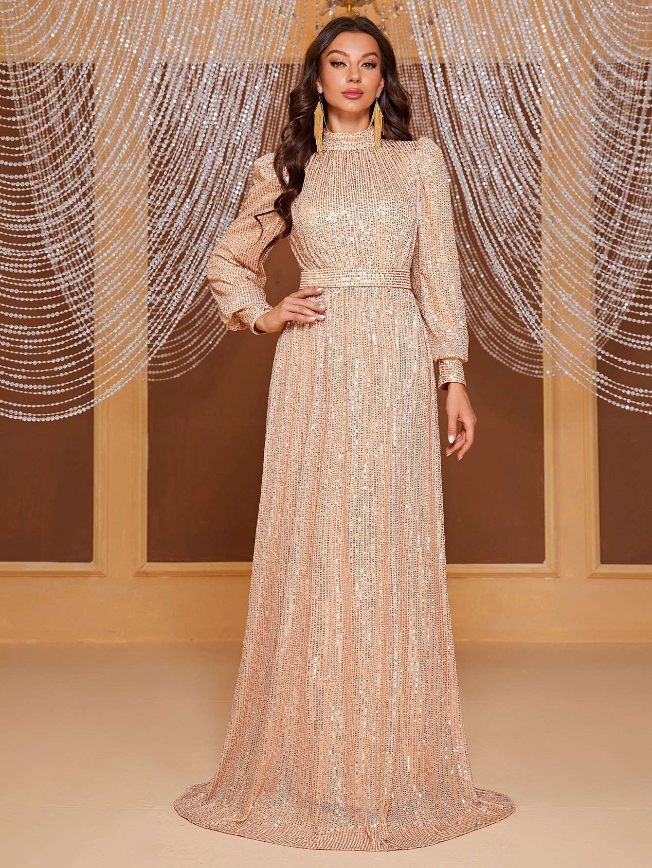 Giffniseti Mock Neck Lantern Sleeve Sequin Formal Dress-MGT819 - Giffniseti