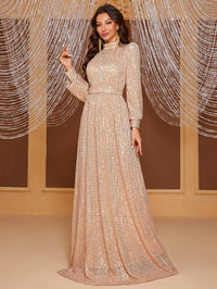 Giffniseti Mock Neck Lantern Sleeve Sequin Formal Dress-MGT819