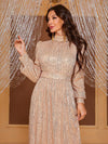 Giffniseti Mock Neck Lantern Sleeve Sequin Formal Dress-MGT819