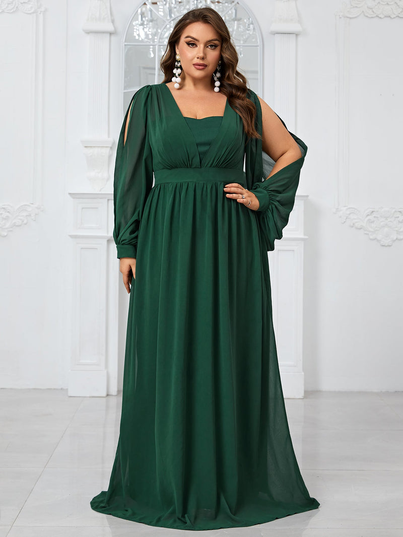 Giffniseti Women'S Plus Size Chiffon Dress With Waist Tie, Slit Sleeves And Pleats For Autumn Evening Party-FMG1070