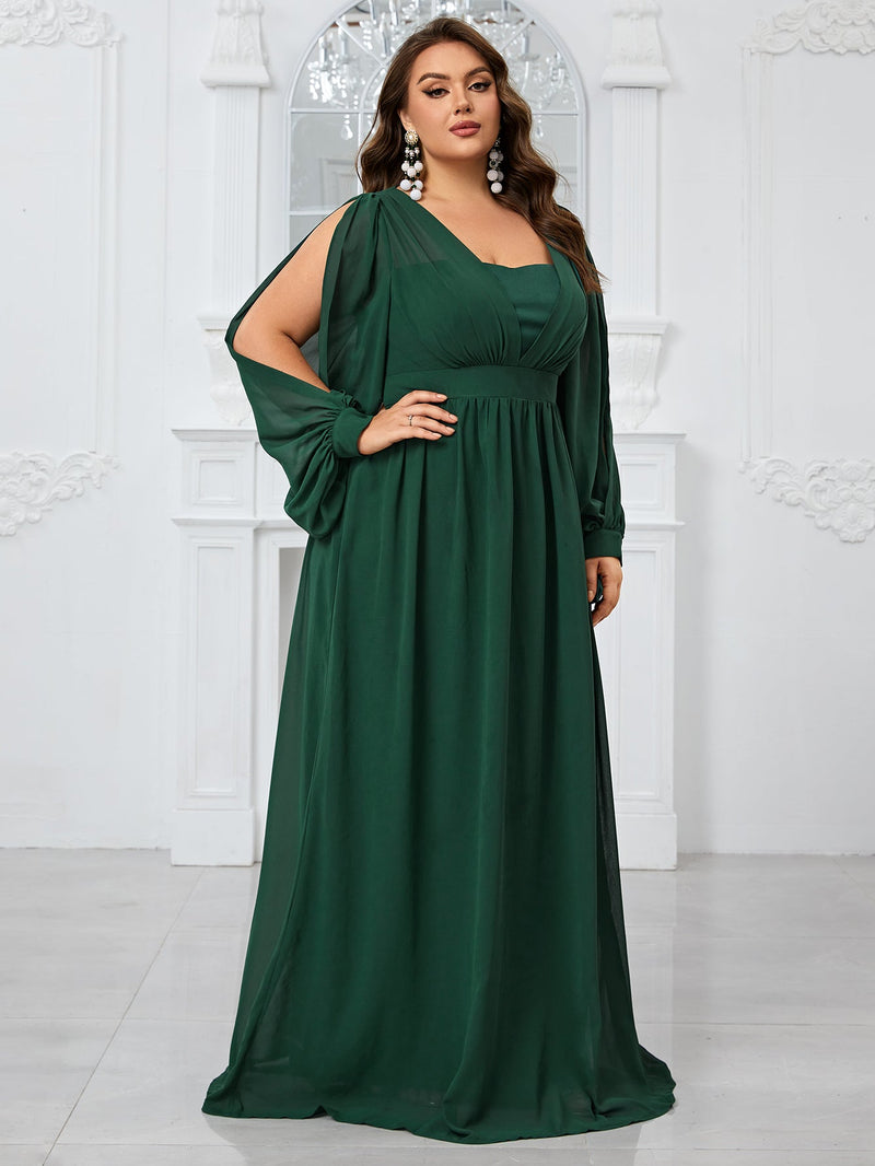 Giffniseti Women'S Plus Size Chiffon Dress With Waist Tie, Slit Sleeves And Pleats For Autumn Evening Party-FMG1070