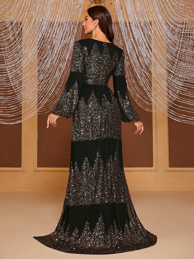 Giffniseti Plunging Neck Lantern Sleeve Split Thigh Sequin Formal Dress-MG668-1