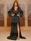 Giffniseti Plunging Neck Lantern Sleeve Split Thigh Sequin Formal Dress-MG668-1