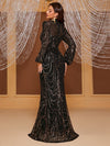 Giffniseti Mock Neck Lantern Sleeve Sequin Mermaid Hem Sequin Formal Dress-MGW905