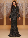 Giffniseti Mock Neck Lantern Sleeve Sequin Mermaid Hem Sequin Formal Dress-MGW905