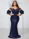 Giffniseti Plus Size Women'S Cocktail Party Evening Dress With Sparkling Sequins, Nude Mesh Lace, Long Sleeves And Elegant Tail-FSST2113