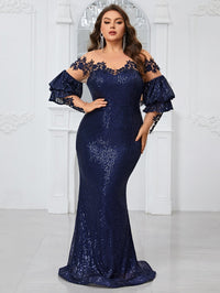 Giffniseti Plus Size Women'S Cocktail Party Evening Dress With Sparkling Sequins, Nude Mesh Lace, Long Sleeves And Elegant Tail-FSST2113