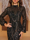 Giffniseti Mock Neck Lantern Sleeve Sequin Mermaid Hem Sequin Formal Dress-MGW905