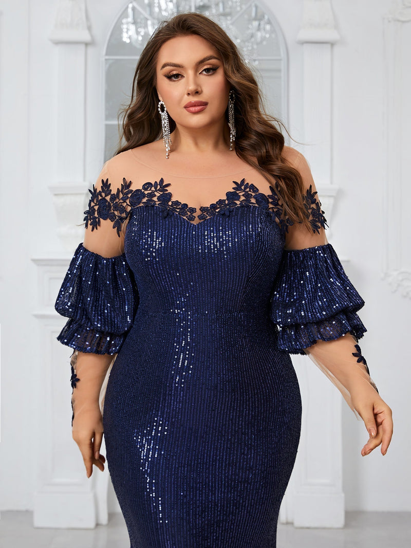 Giffniseti Plus Size Women'S Cocktail Party Evening Dress With Sparkling Sequins, Nude Mesh Lace, Long Sleeves And Elegant Tail-FSST2113