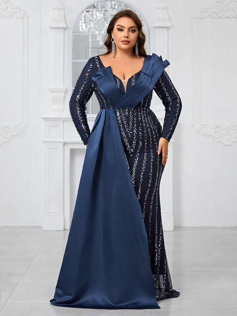 Giffniseti Plus Size Women's Elegant And Sexy Slim Fit Dress With Long Sleeves, Sparkling Sequin Decor And 3d Structure Design-FMGN765