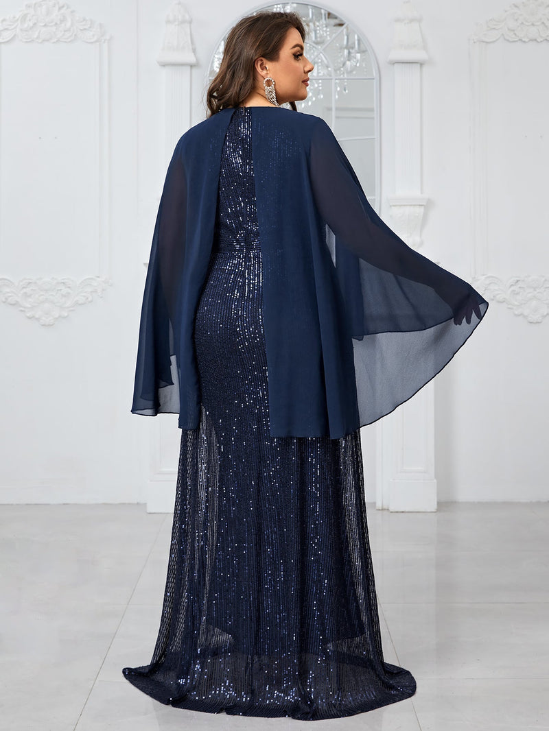 Giffniseti Plus Size Women¡¯S Party Evening Dress With Shiny V-Neck Chiffon Shawl, Elegant And Graceful-FMGN1096