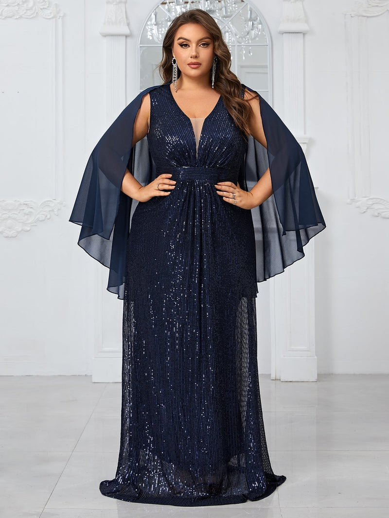 Giffniseti Plus Size Women¡¯S Party Evening Dress With Shiny V-Neck Chiffon Shawl, Elegant And Graceful-FMGN1096