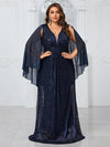 Giffniseti Plus Size Women¡¯S Party Evening Dress With Shiny V-Neck Chiffon Shawl, Elegant And Graceful-FMGN1096