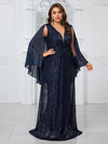 Giffniseti Plus Size Women¡¯S Party Evening Dress With Shiny V-Neck Chiffon Shawl, Elegant And Graceful-FMGN1096