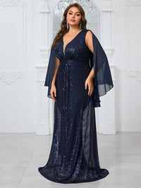 Giffniseti Plus Size Women¡¯S Party Evening Dress With Shiny V-Neck Chiffon Shawl, Elegant And Graceful-FMGN1096