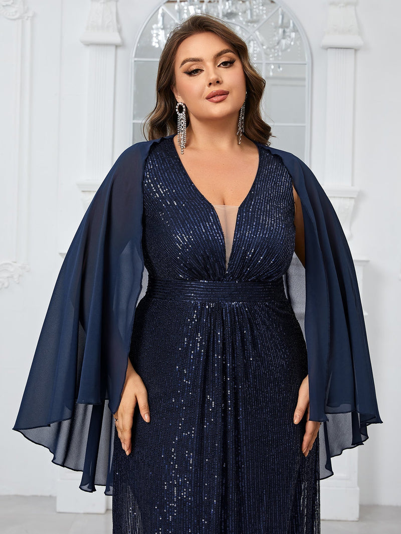 Giffniseti Plus Size Women¡¯S Party Evening Dress With Shiny V-Neck Chiffon Shawl, Elegant And Graceful-FMGN1096