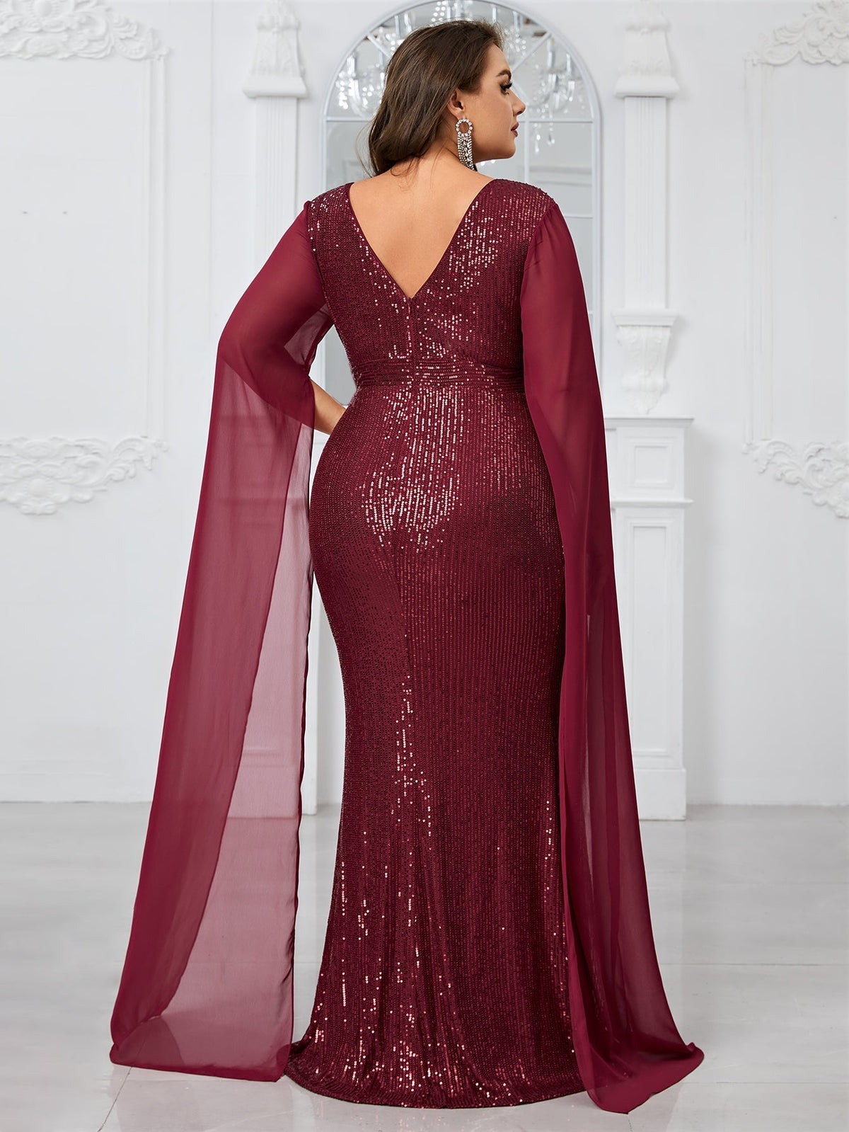 Giffniseti Plus Size Sparkly Cross V-Neck Chiffon Long Sleeve Mermaid Evening Dress-FMGT1100