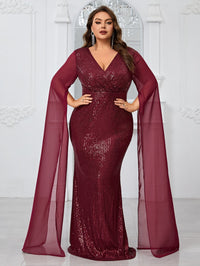 Giffniseti Plus Size Sparkly Cross V-Neck Chiffon Long Sleeve Mermaid Evening Dress-FMGT1100